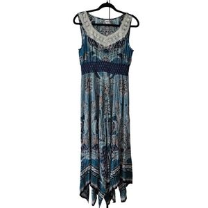 Bila Teal Navy and White Paisley Maxi Dress with Crochet Yoke